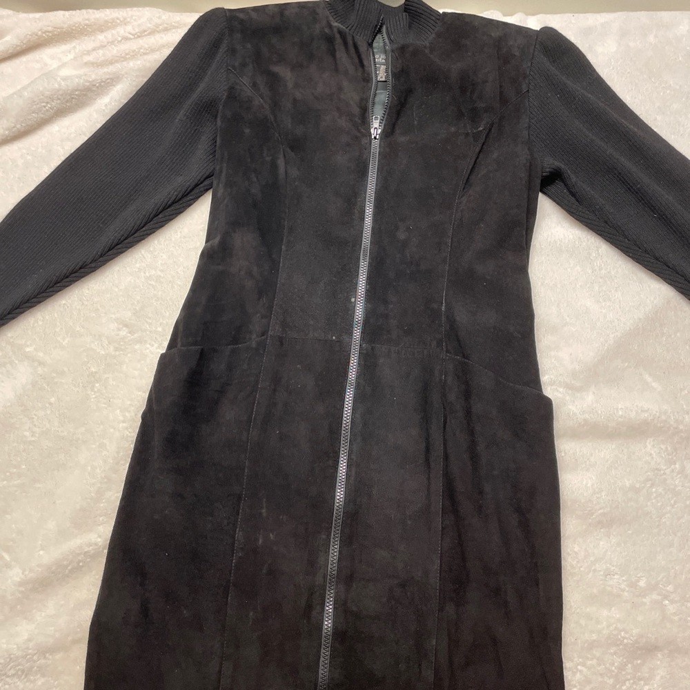 VINTAGE ANDREA JOVINE Petite  Black Suede Long Sleeve Mini Dress 100% Leather